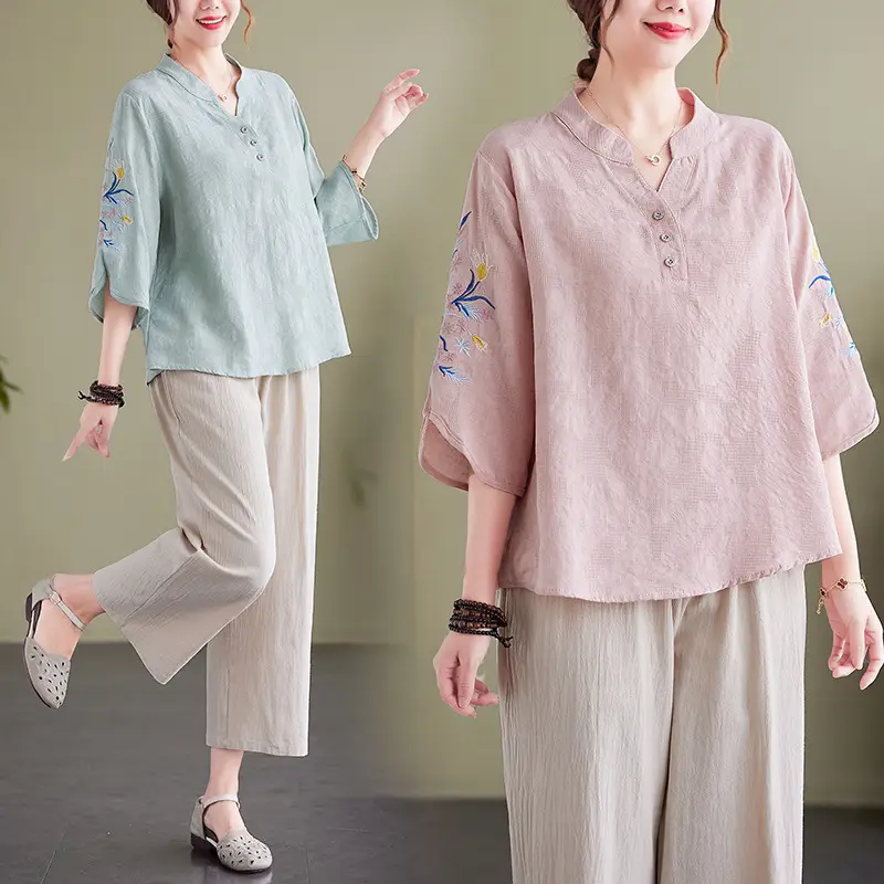 Women 2025 Embroidered Floral Shirt with Stand-Up Collar - Image 5