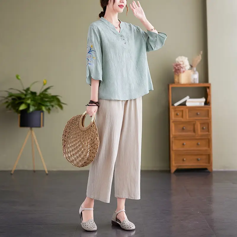 Women 2025 Embroidered Floral Shirt with Stand-Up Collar - Image 6