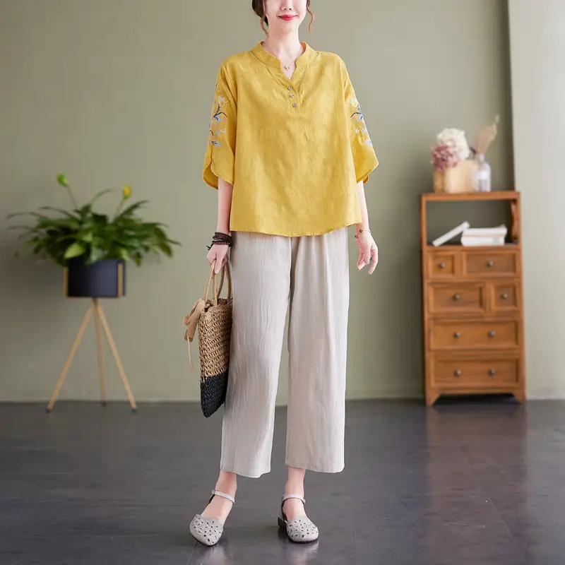 Women 2025 Embroidered Floral Shirt with Stand-Up Collar - Image 7