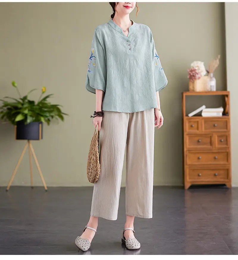Women 2025 Embroidered Floral Shirt with Stand-Up Collar — feature 11