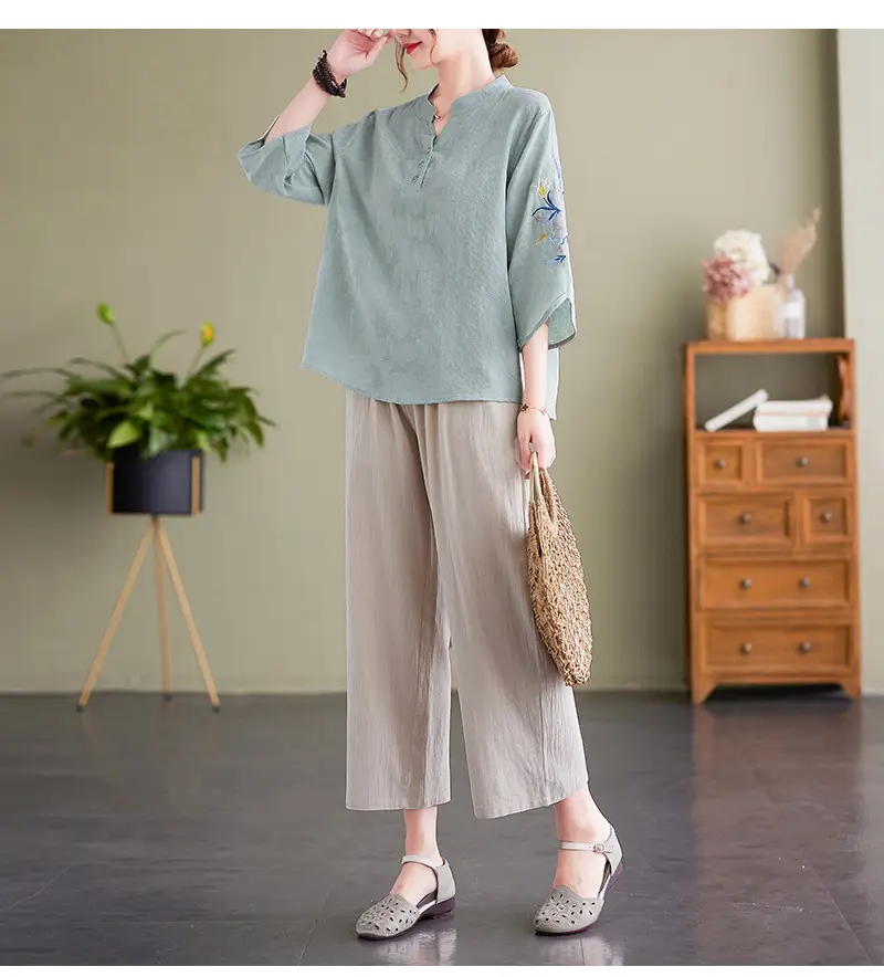 Women 2025 Embroidered Floral Shirt with Stand-Up Collar — feature 13