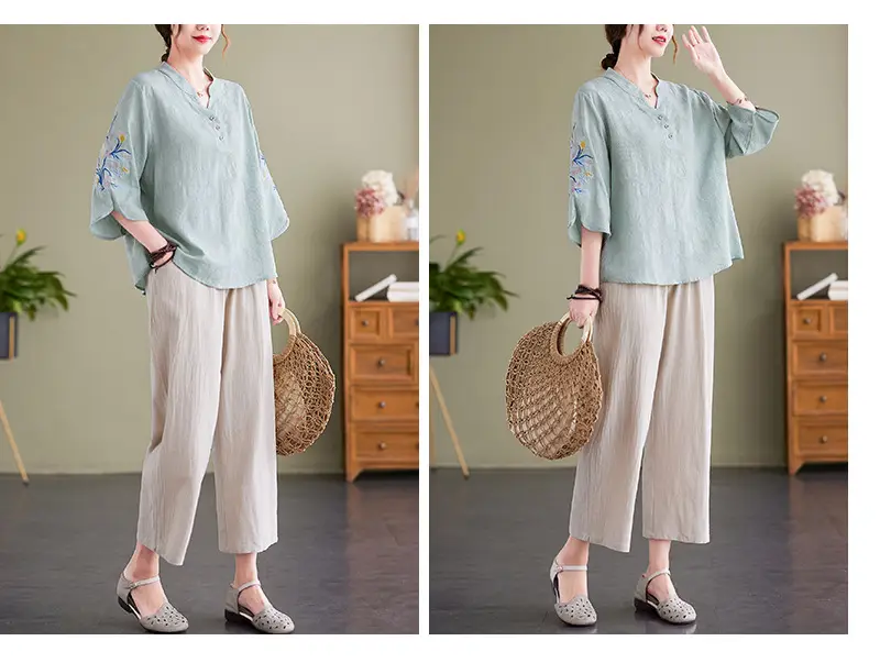 Women 2025 Embroidered Floral Shirt with Stand-Up Collar — feature 14