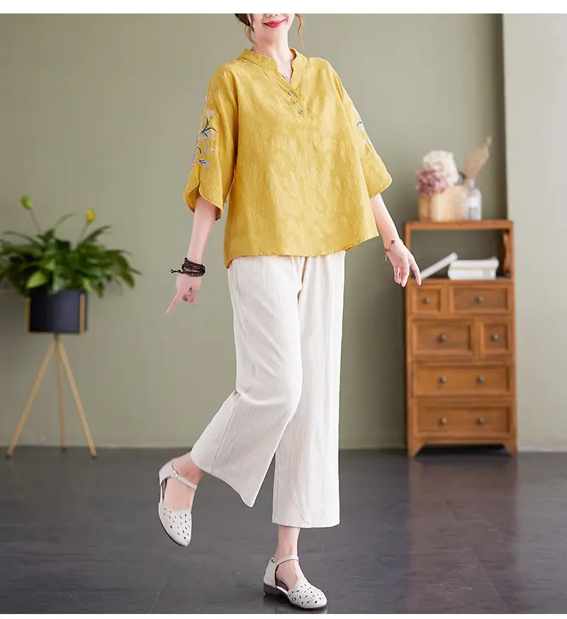 Women 2025 Embroidered Floral Shirt with Stand-Up Collar — feature 16