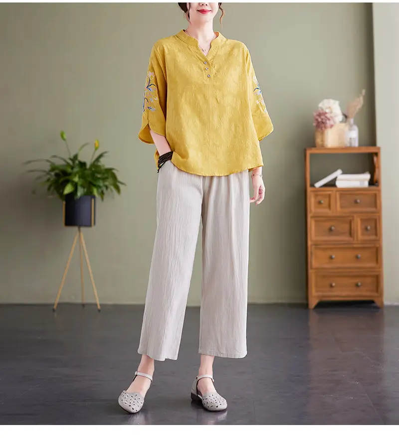 Women 2025 Embroidered Floral Shirt with Stand-Up Collar — feature 17