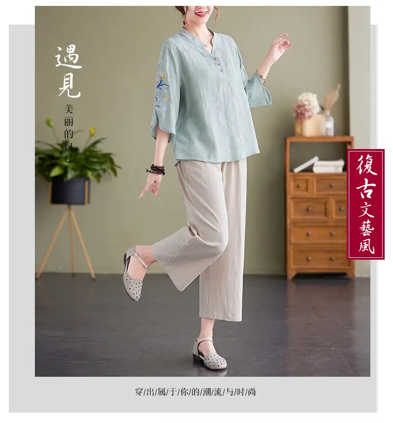 Women 2025 Embroidered Floral Shirt with Stand-Up Collar — feature 2