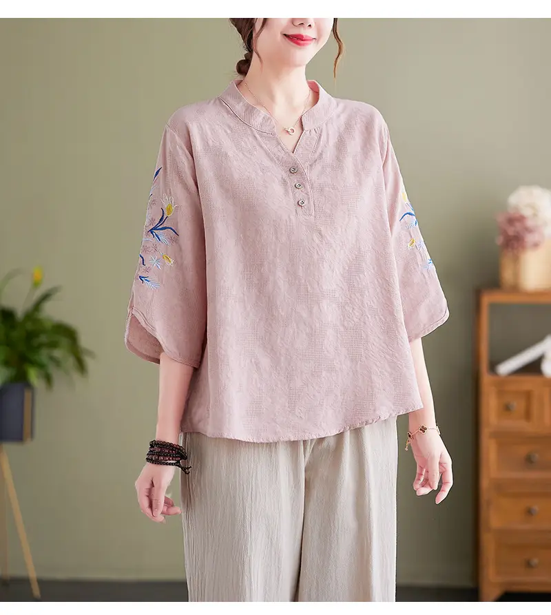 Women 2025 Embroidered Floral Shirt with Stand-Up Collar — feature 21
