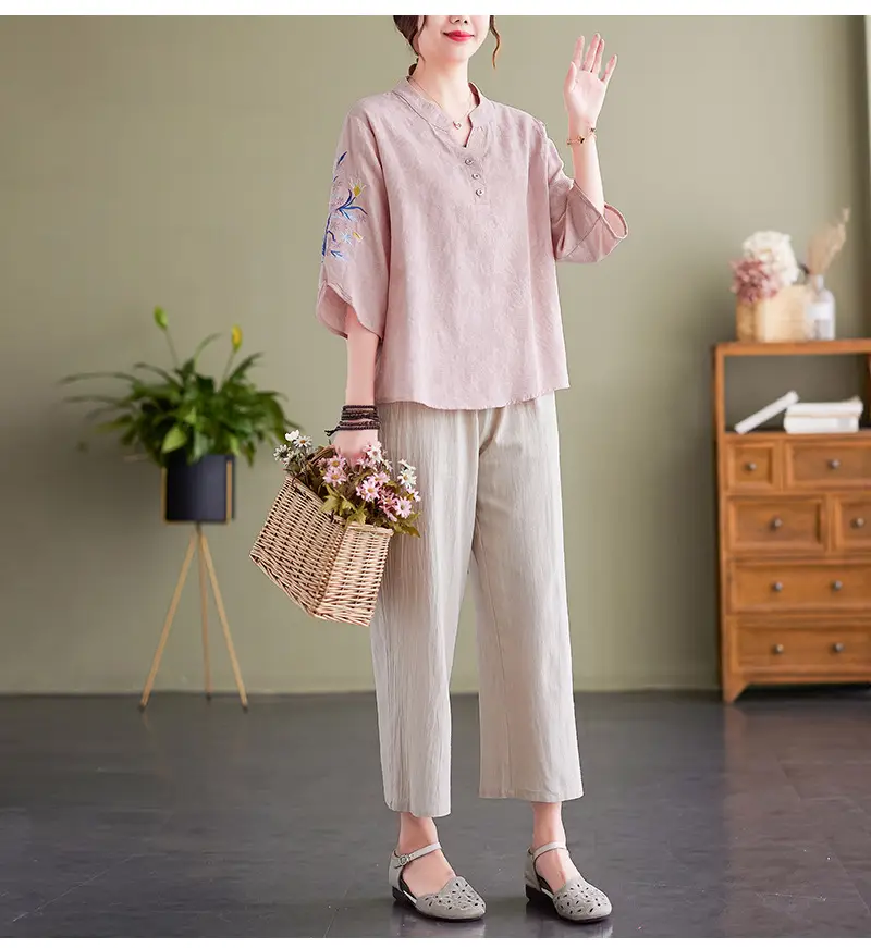 Women 2025 Embroidered Floral Shirt with Stand-Up Collar — feature 24