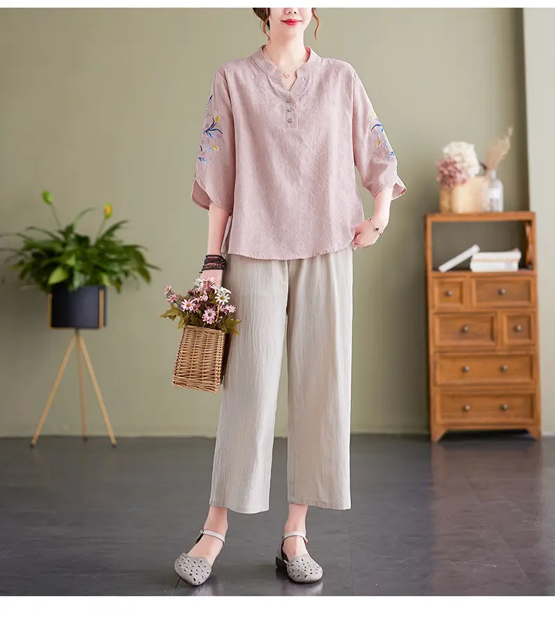 Women 2025 Embroidered Floral Shirt with Stand-Up Collar — feature 25