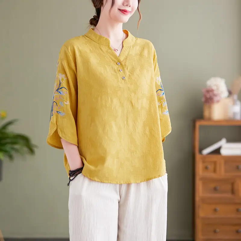 Women 2025 Embroidered Floral Shirt with Stand-Up Collar - Image 2