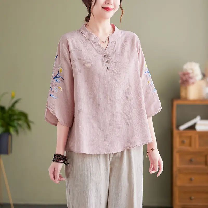 Women 2025 Embroidered Floral Shirt with Stand-Up Collar - Image 3