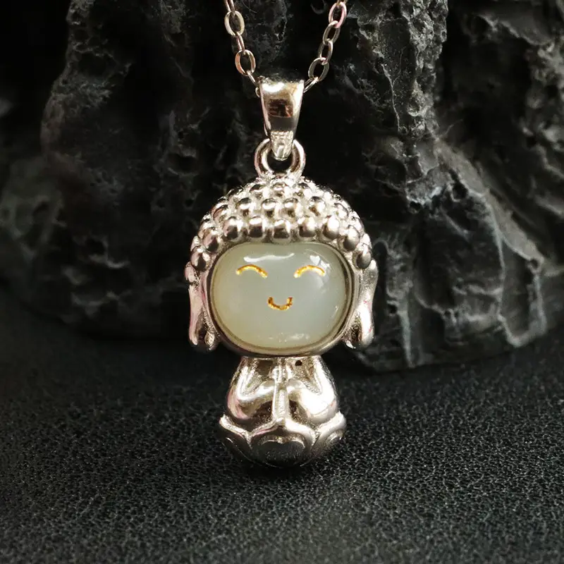 Baby Buddha Pendant S925 Silver Inlaid Hetian Jade — feature 9