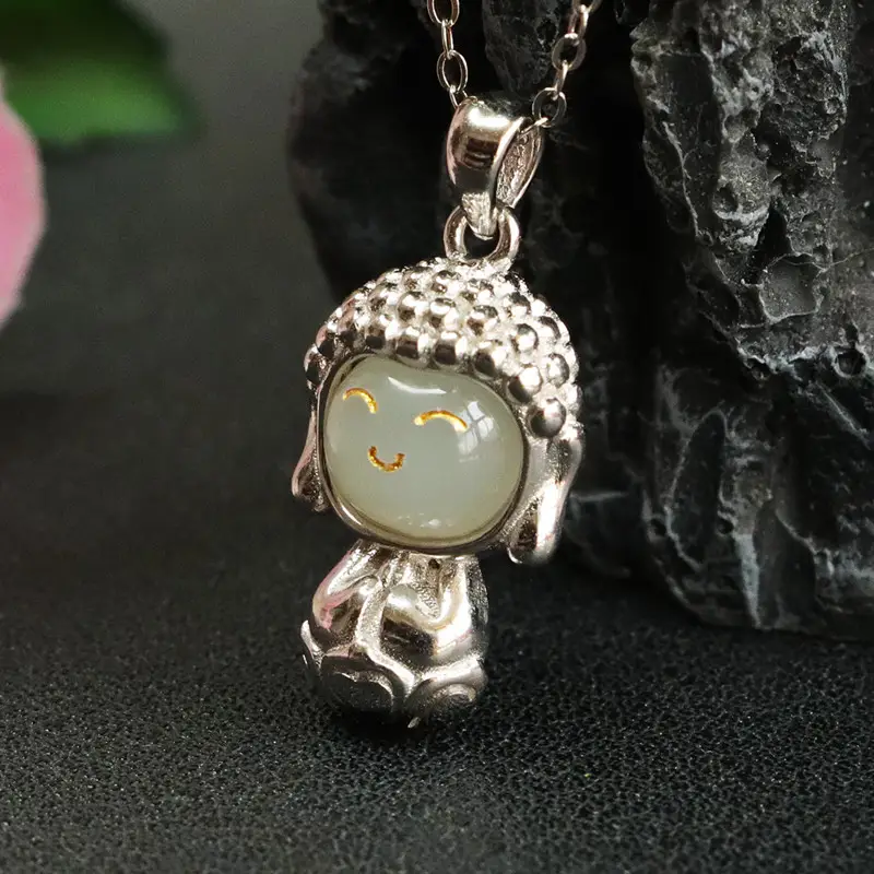 Baby Buddha Pendant S925 Silver Inlaid Hetian Jade — feature 10