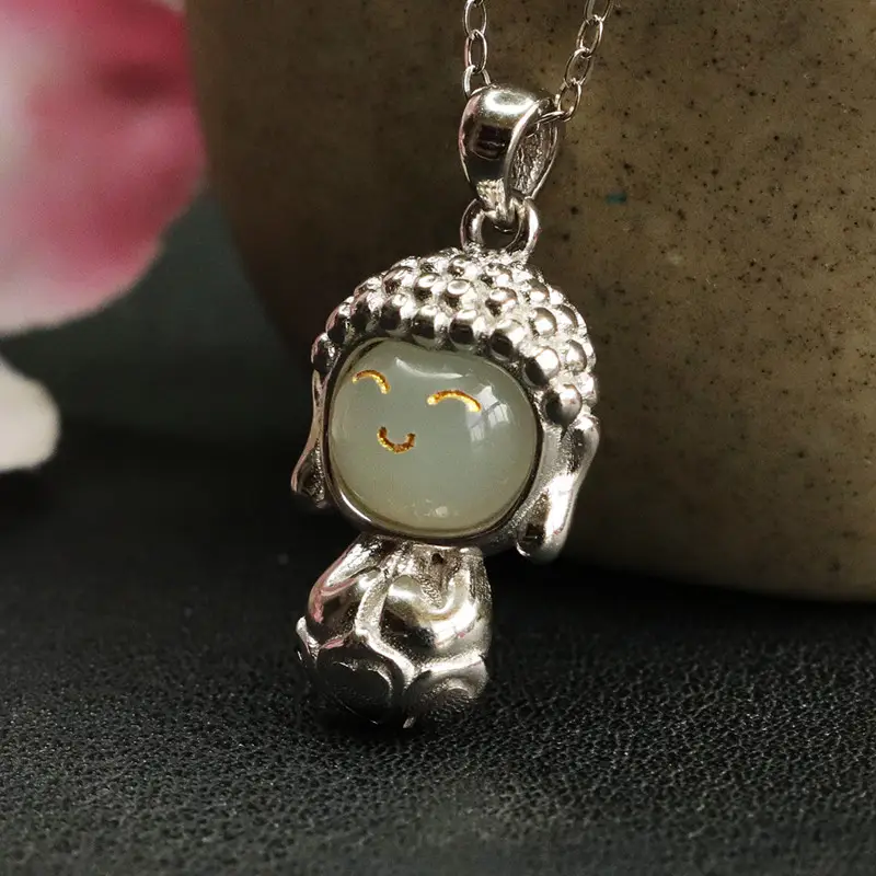 Baby Buddha Pendant S925 Silver Inlaid Hetian Jade