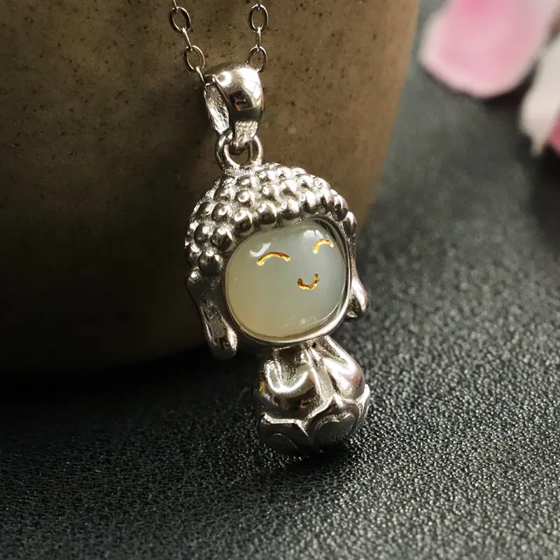 Baby Buddha Pendant S925 Silver Inlaid Hetian Jade — feature 6