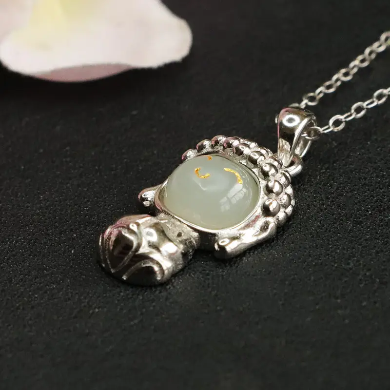 Baby Buddha Pendant S925 Silver Inlaid Hetian Jade — feature 8