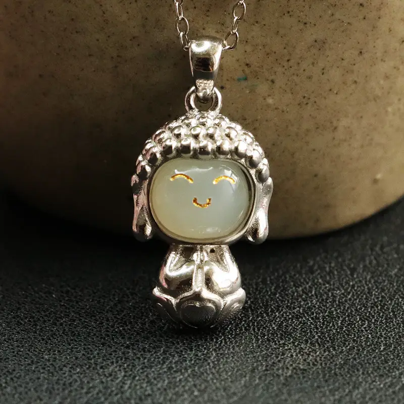 Baby Buddha Pendant S925 Silver Inlaid Hetian Jade — feature 4