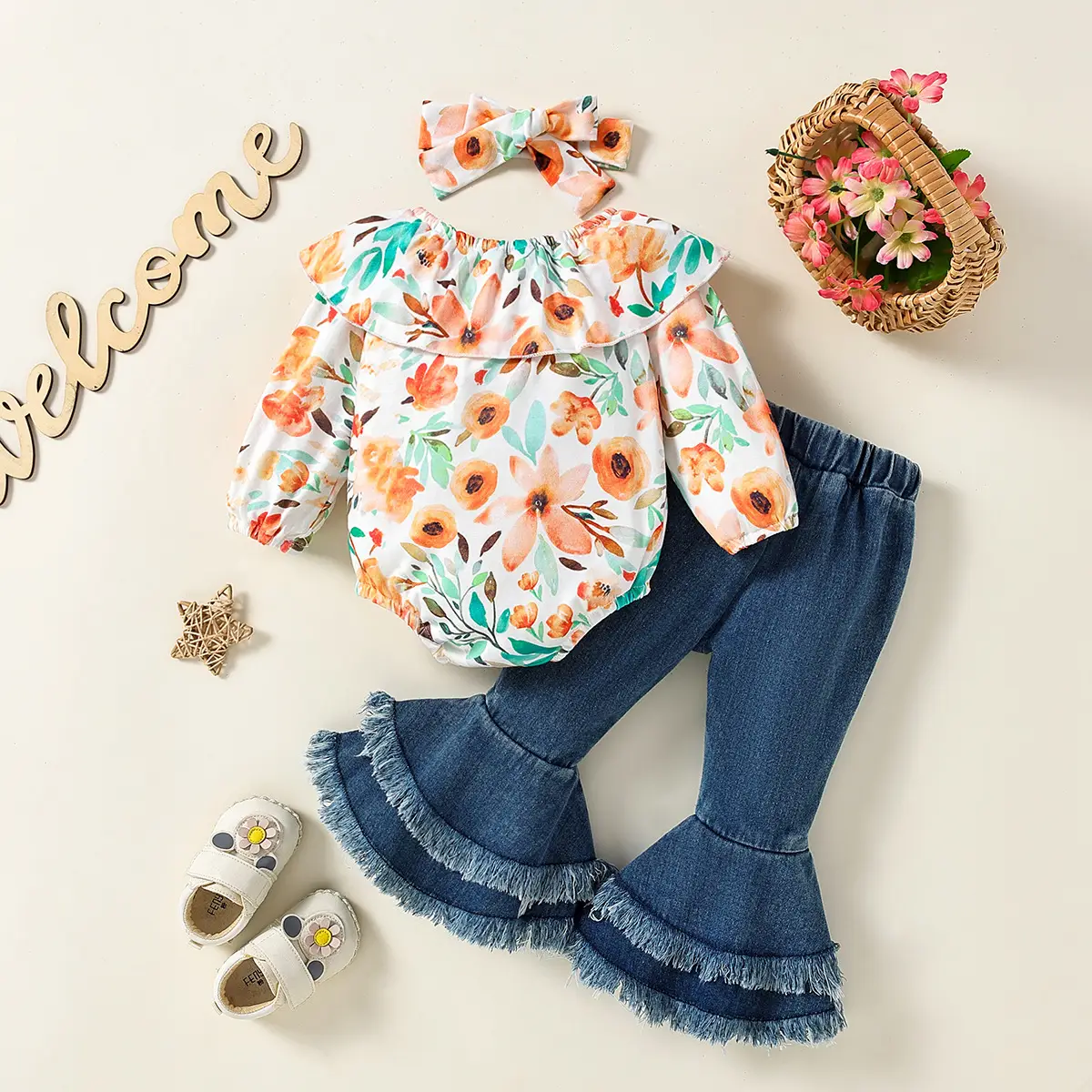 Baby Floral Print Suit Long Sleeve Denim Bell Bottoms - Image 3