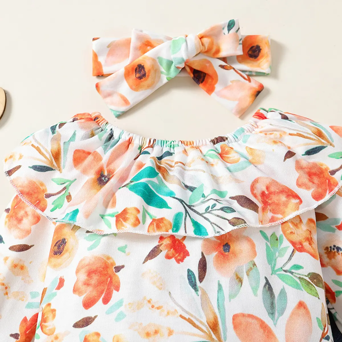 Baby Floral Print Suit Long Sleeve Denim Bell Bottoms - Image 4