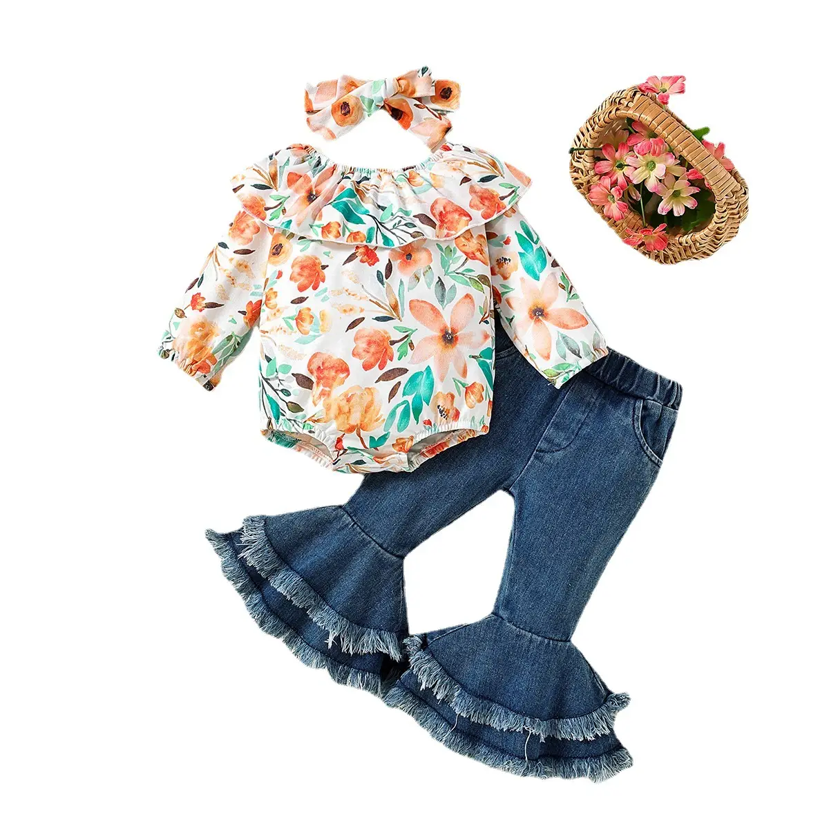Baby Floral Print Suit Long Sleeve Denim Bell Bottoms - Image 6