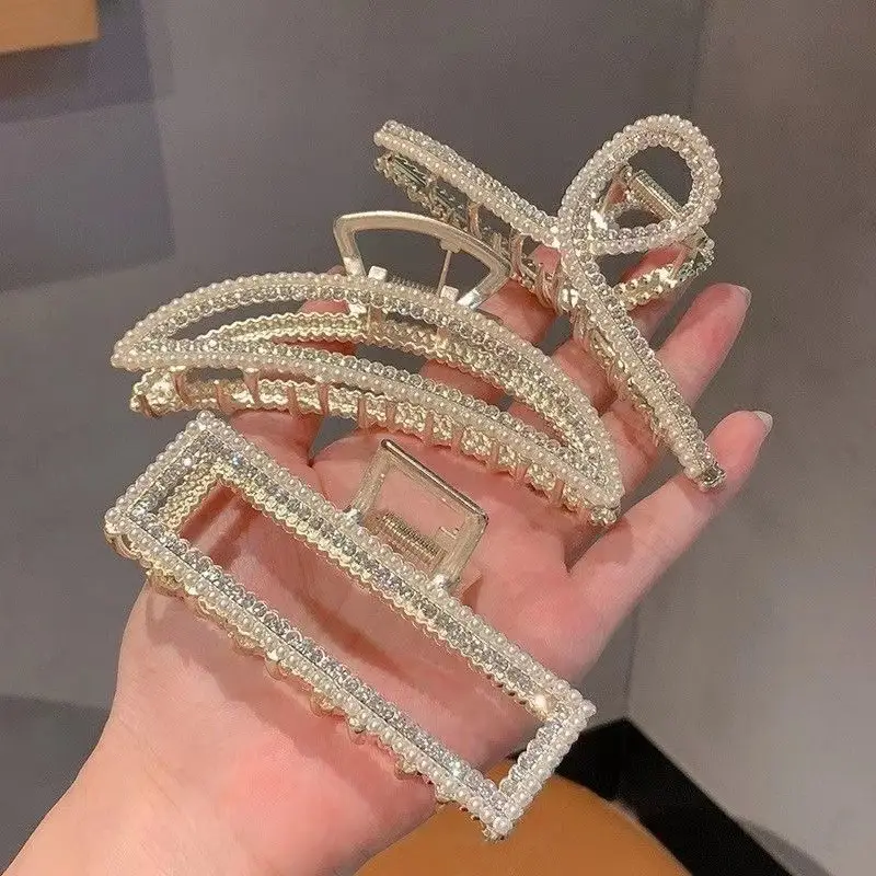 Classic Hot Summer Large Elegant Alloy Clip Female Pearl Diamond Shark Clip Back Head Hair Clip - Image 20
