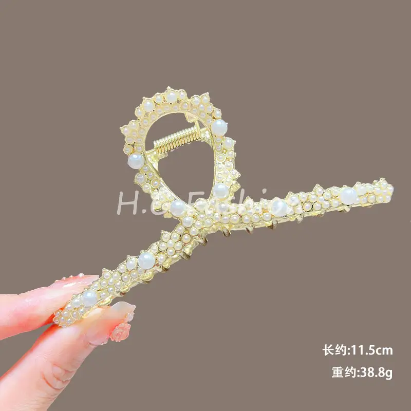 Classic Hot Summer Large Elegant Alloy Clip Female Pearl Diamond Shark Clip Back Head Hair Clip — feature 17