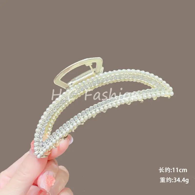 Classic Hot Summer Large Elegant Alloy Clip Female Pearl Diamond Shark Clip Back Head Hair Clip — feature 23