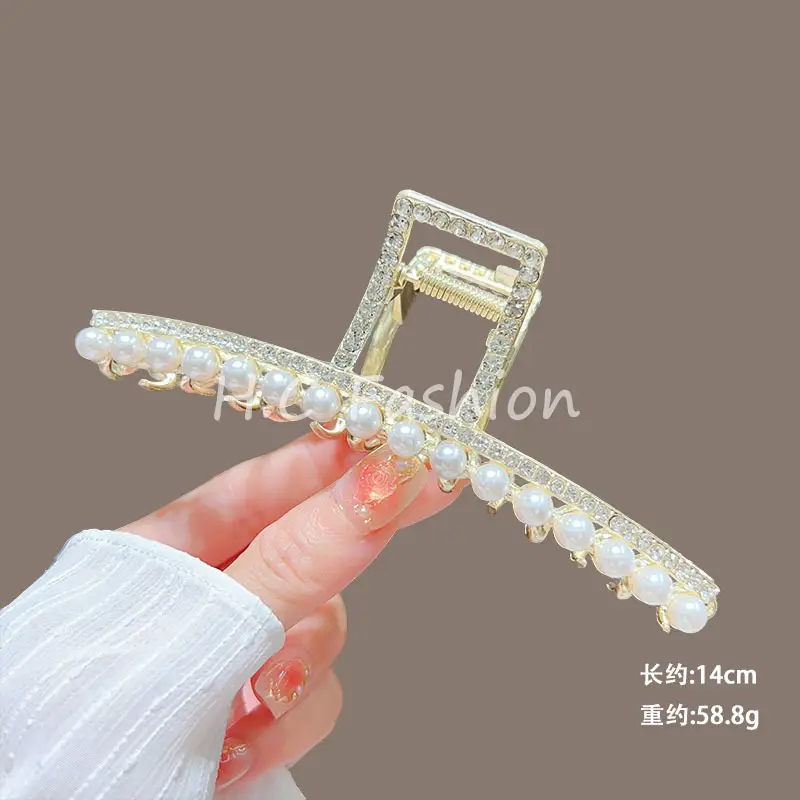 Classic Hot Summer Large Elegant Alloy Clip Female Pearl Diamond Shark Clip Back Head Hair Clip - Image 7
