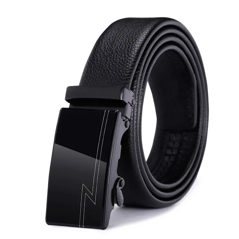 Men's Black Genuine Leather Belt with Automatic Buckle - Image 3