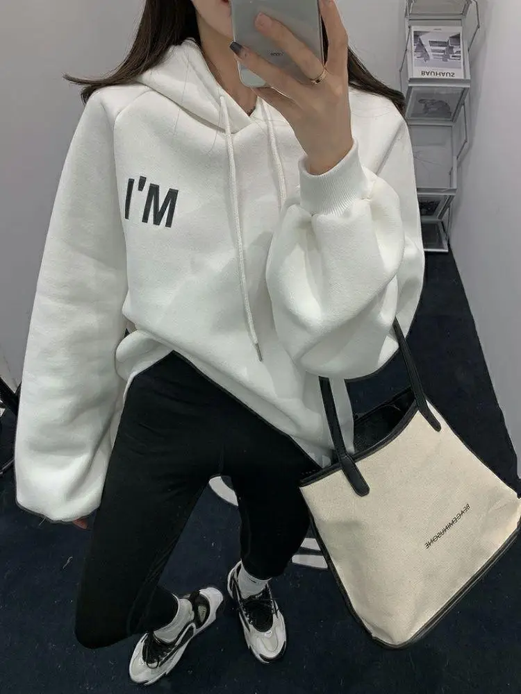 Women Oversize Hooded Fleece Coat White Thinking — feature 12