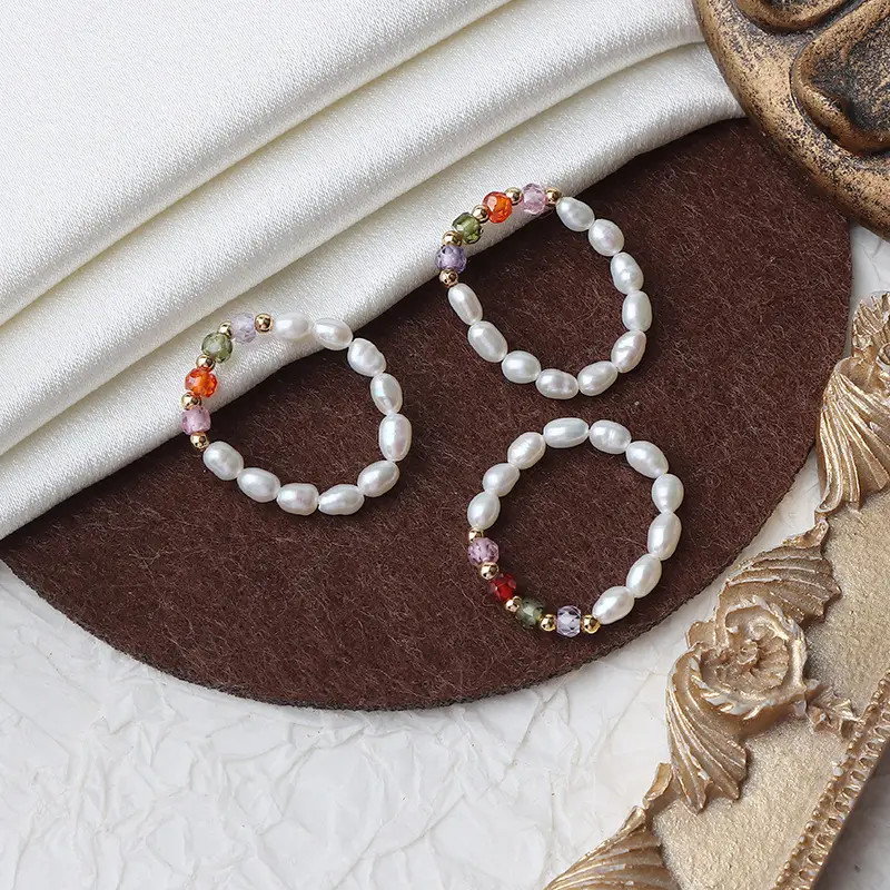 Colorful Retro Crystal Pearl Ring 14K Gold