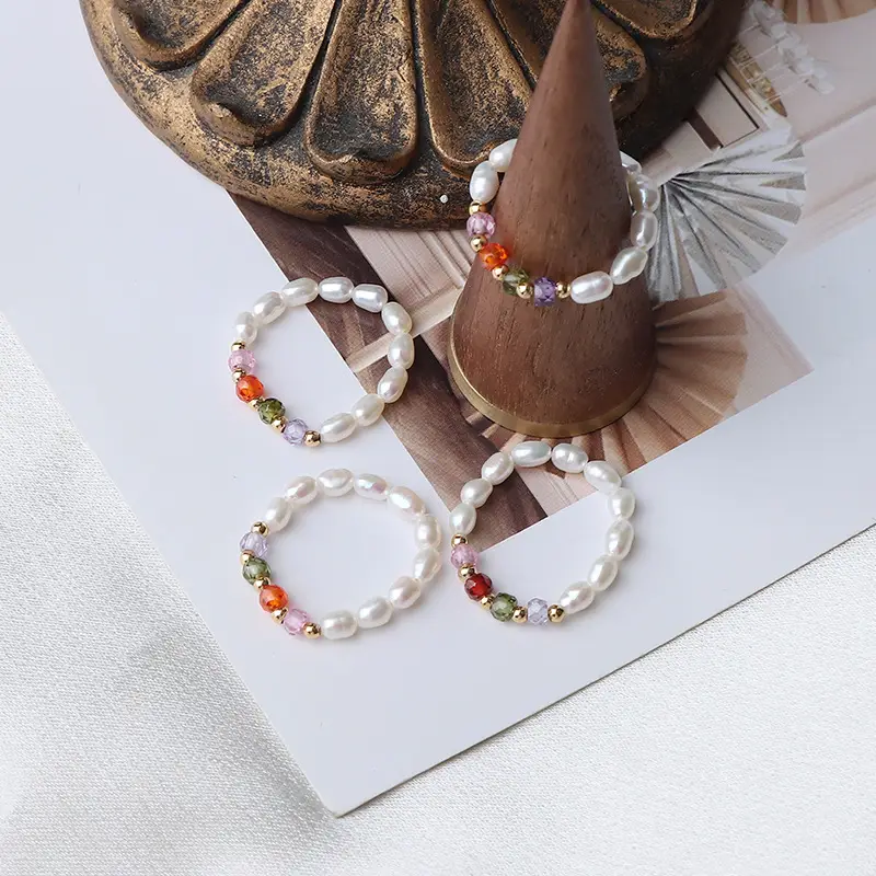 Colorful Retro Crystal Pearl Ring 14K Gold