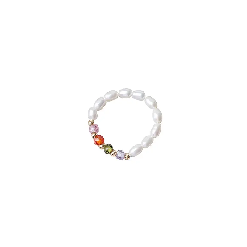 Colorful Retro Crystal Pearl Ring 14K Gold