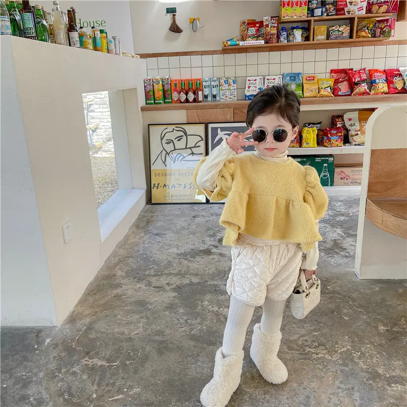 Girls Winter Ruffled Bubble Top + Velvet Quilted Shorts Set — feature 15