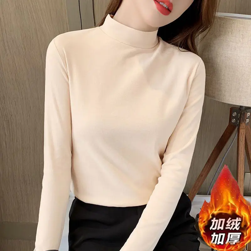 Women Velvet Collar Shirt Yellow Long Sleeve Winter Warm - Image 3