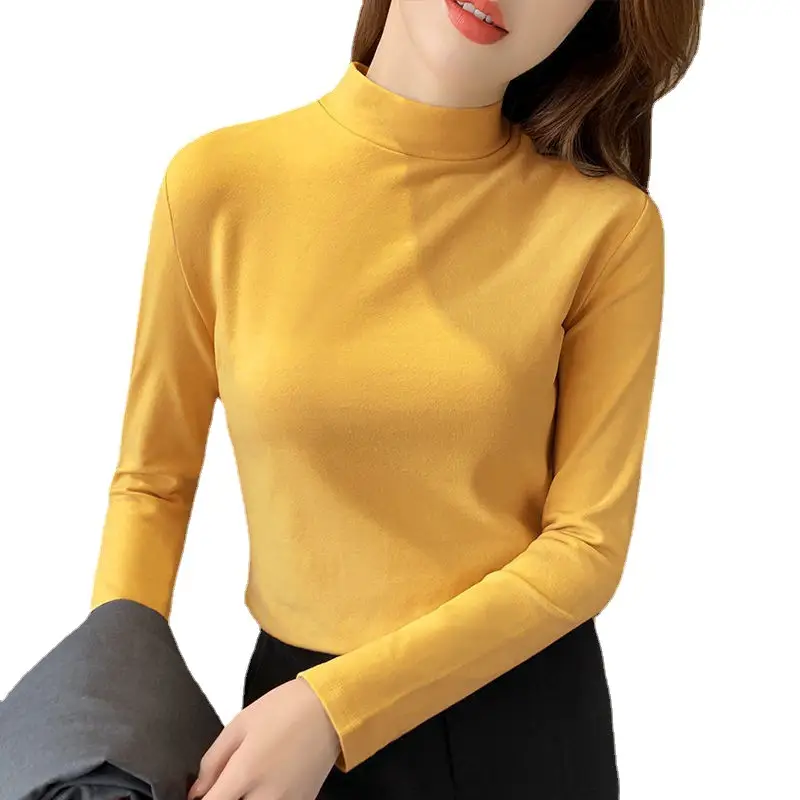 Women Velvet Collar Shirt Yellow Long Sleeve Winter Warm - Image 5