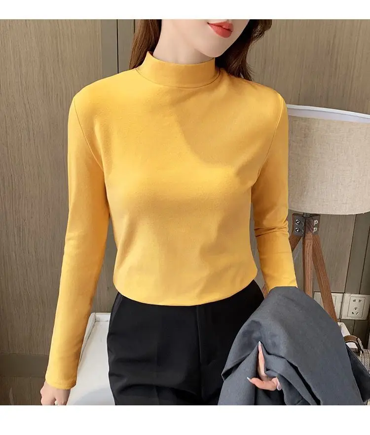 Women Velvet Collar Shirt Yellow Long Sleeve Winter Warm — feature 15