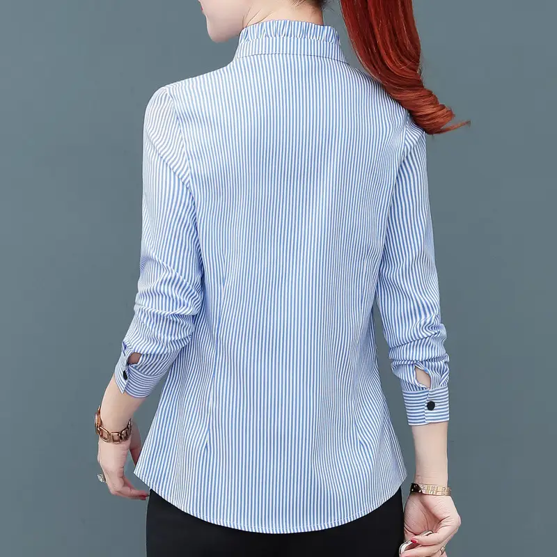 Women Blue Striped Long Sleeve Shirt with Fungus Design - Image 6
