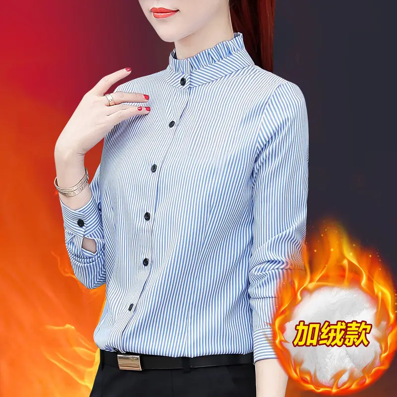 Women Blue Striped Long Sleeve Shirt with Fungus Design - Image 7