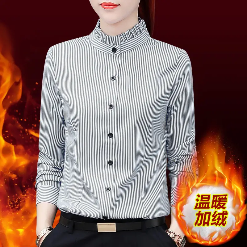 Women Blue Striped Long Sleeve Shirt with Fungus Design - Image 8