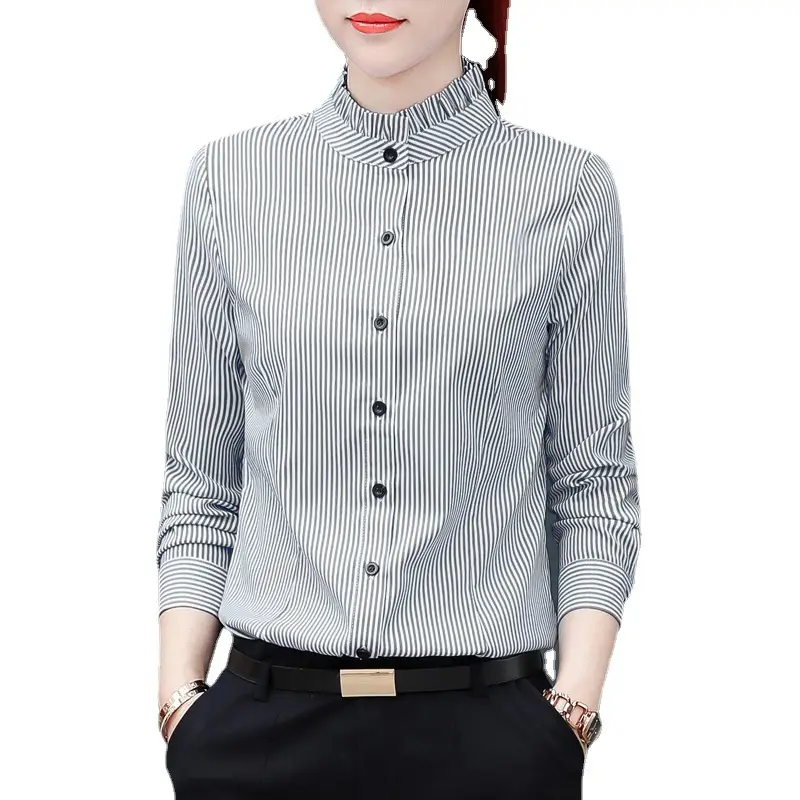 Women Blue Striped Long Sleeve Shirt with Fungus Design - Image 9