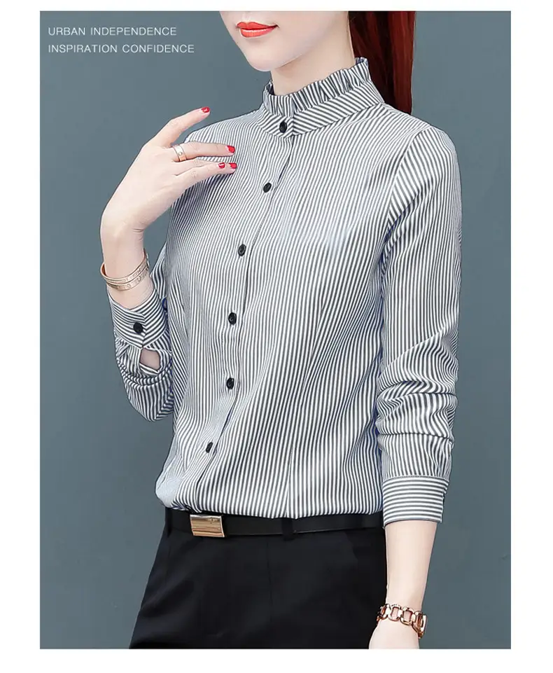 Women Blue Striped Long Sleeve Shirt with Fungus Design — feature 12