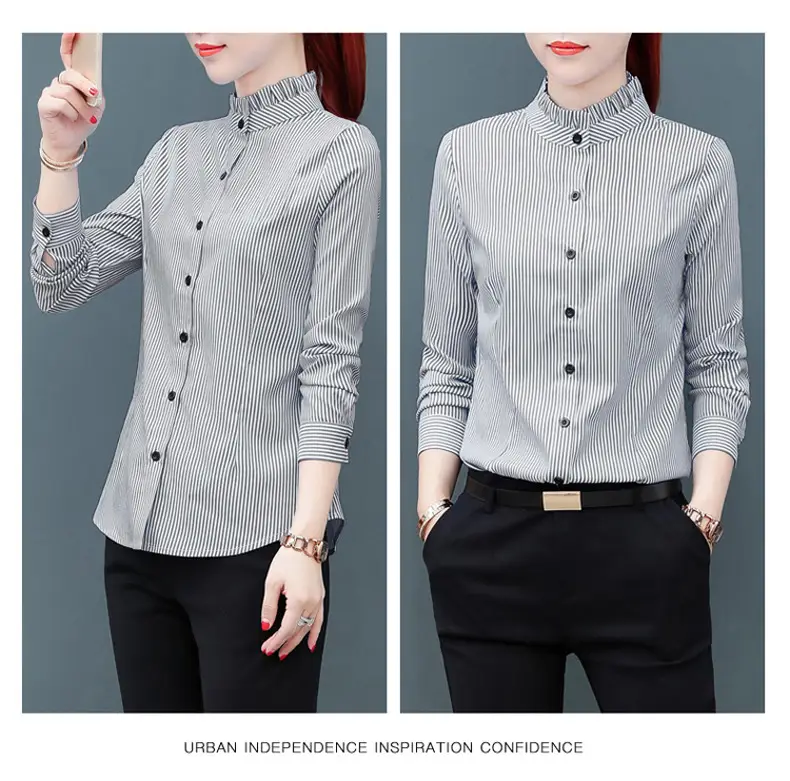 Women Blue Striped Long Sleeve Shirt with Fungus Design — feature 13