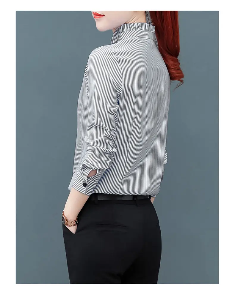 Women Blue Striped Long Sleeve Shirt with Fungus Design — feature 14
