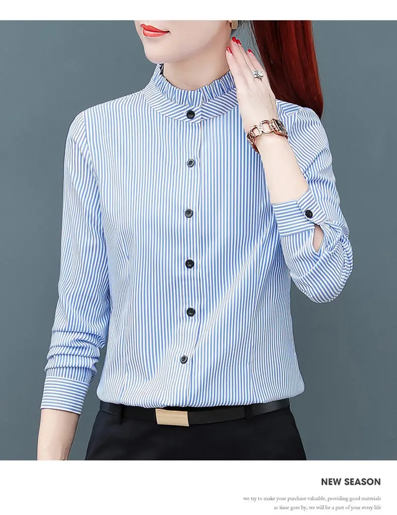 Women Blue Striped Long Sleeve Shirt with Fungus Design — feature 15
