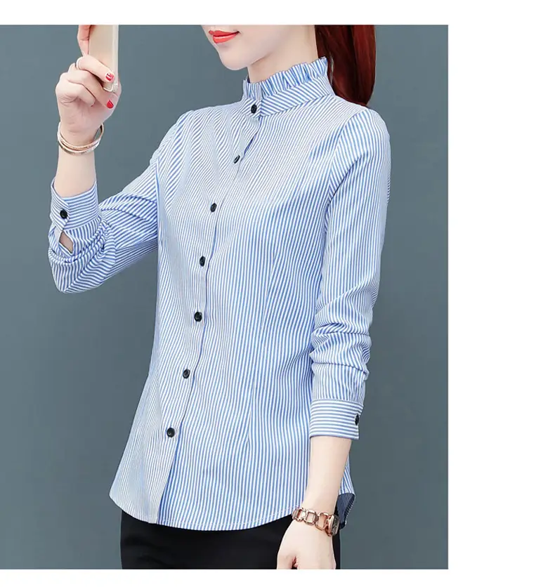 Women Blue Striped Long Sleeve Shirt with Fungus Design — feature 16