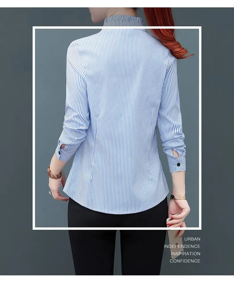 Women Blue Striped Long Sleeve Shirt with Fungus Design — feature 17