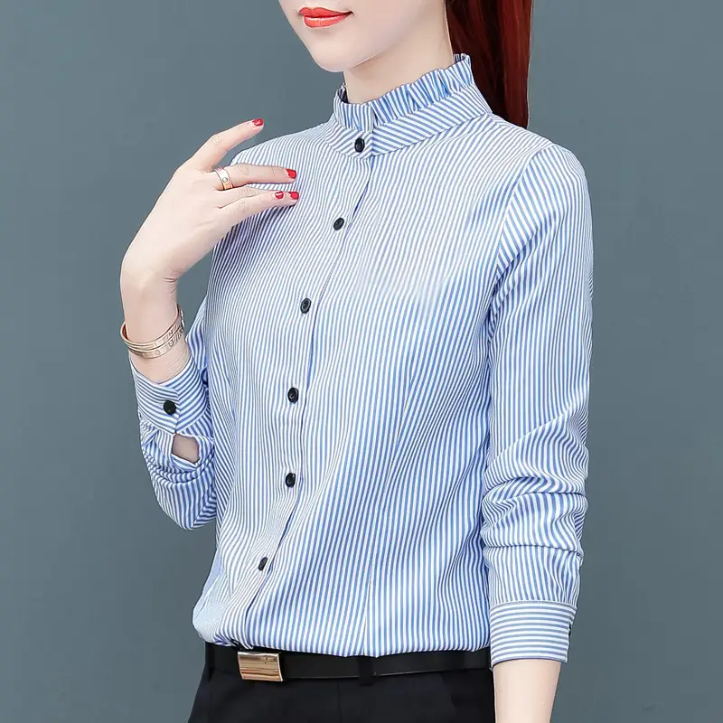 Women Blue Striped Long Sleeve Shirt with Fungus Design - Image 2