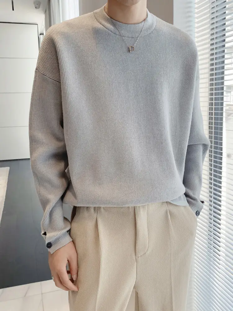 Men's White Knitted Crewneck Sweater with Hand Sleeve Split Button - Image 2
