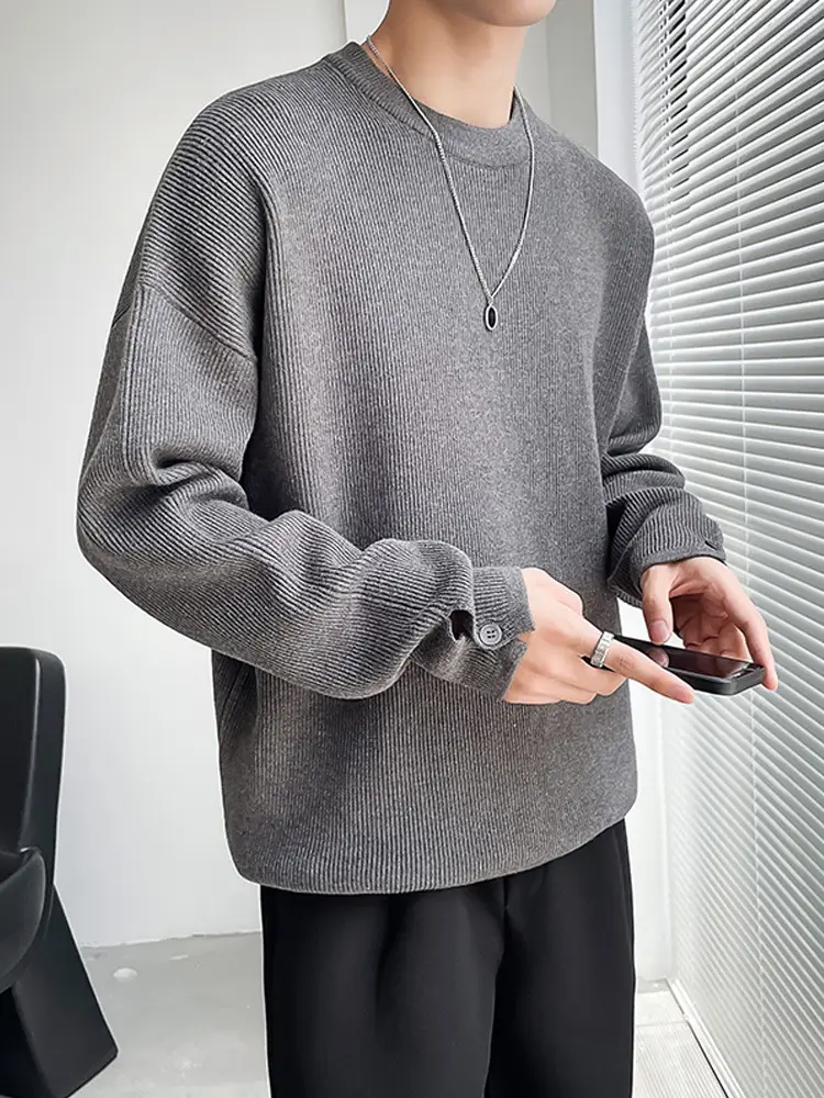 Men's White Knitted Crewneck Sweater with Hand Sleeve Split Button - Image 3