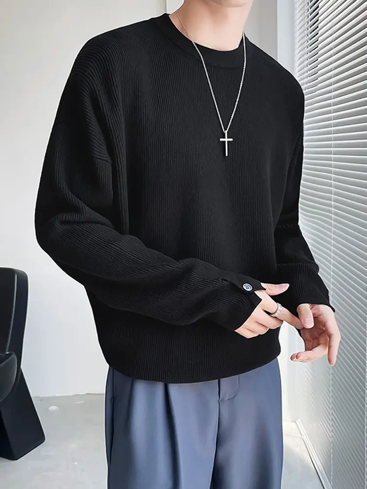 Men's White Knitted Crewneck Sweater with Hand Sleeve Split Button - Image 4